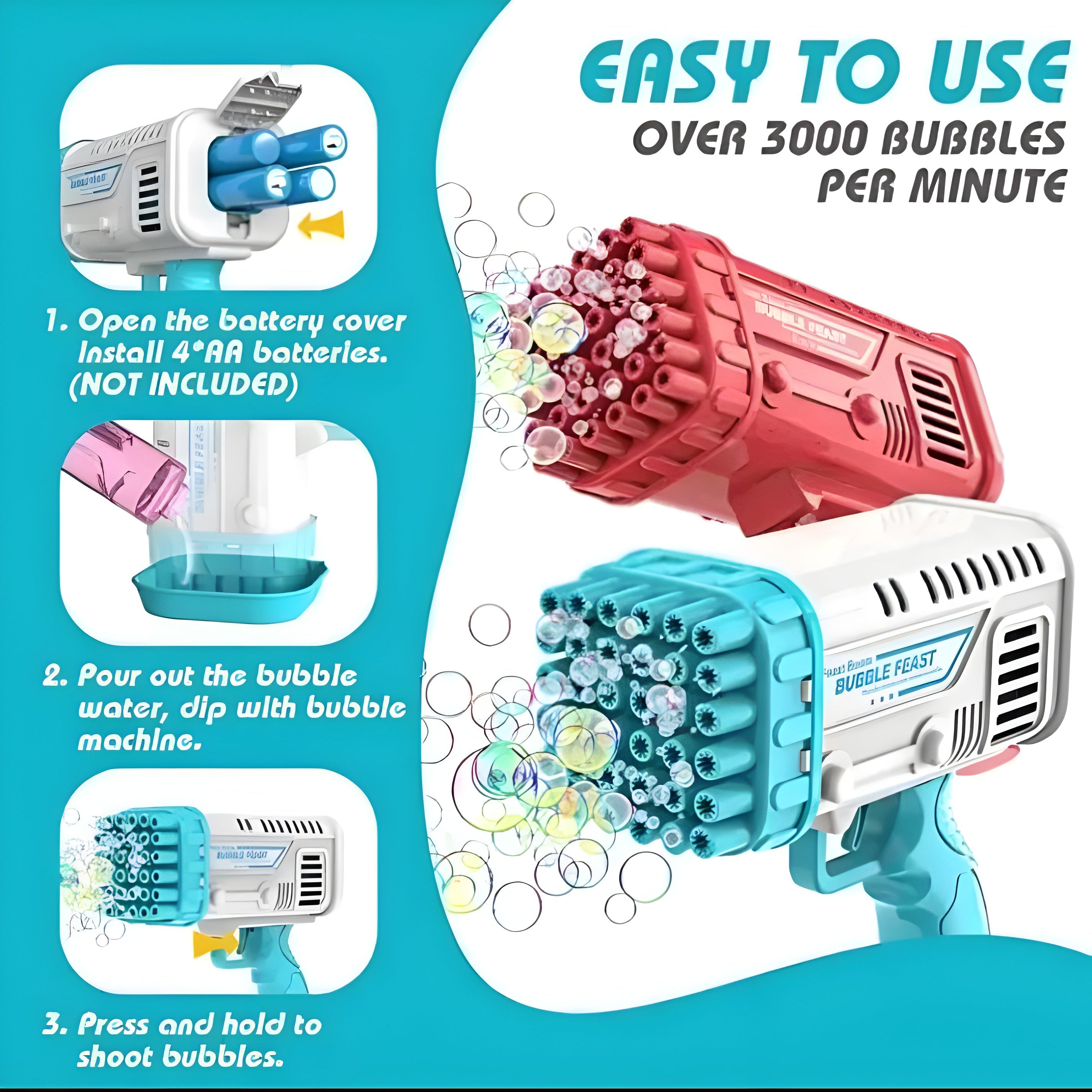 36-Hole Electric Bubble Machine – Bubble Gun Bazooka for Kids with Free Bubble Liquid