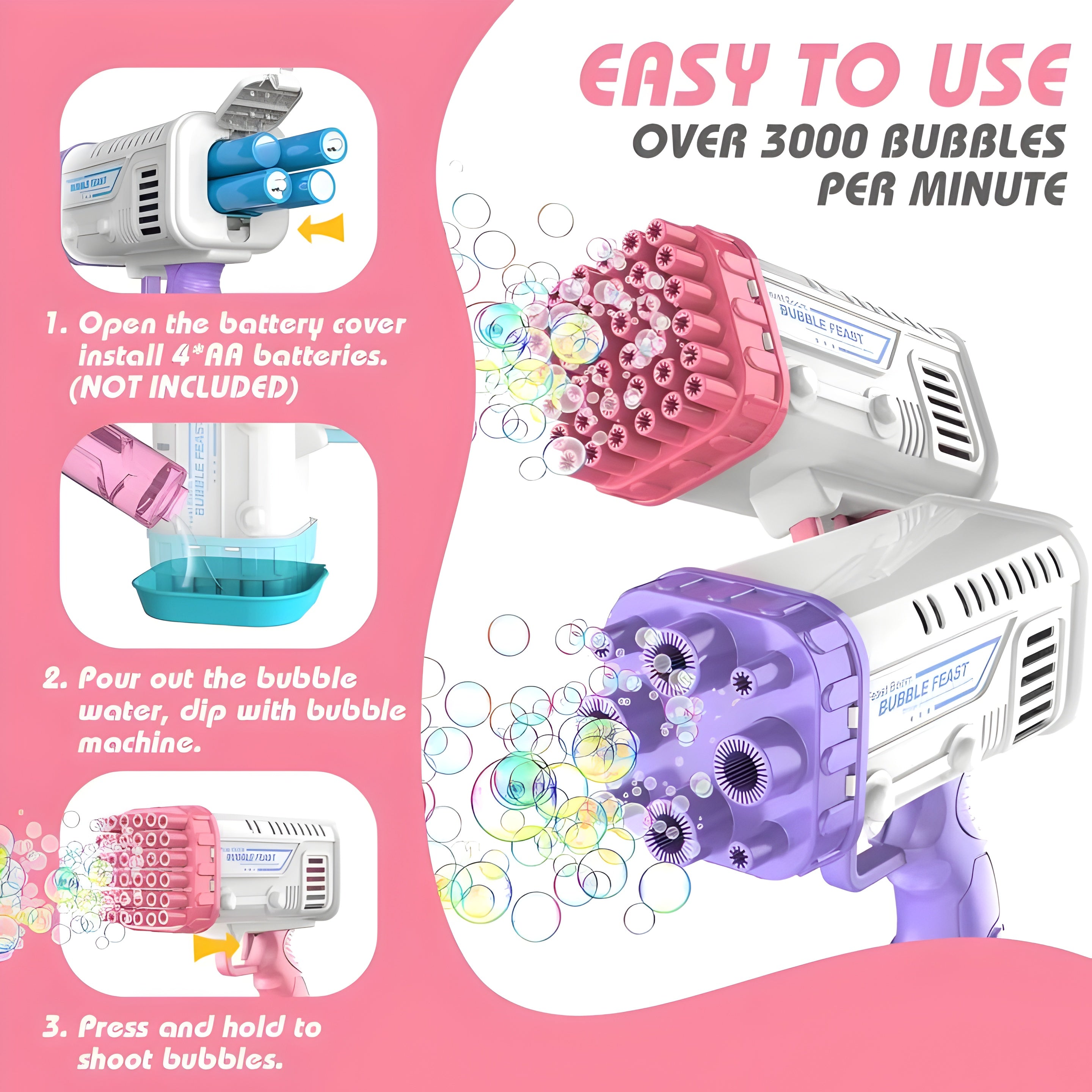 36-Hole Electric Bubble Machine – Bubble Gun Bazooka for Kids with Free Bubble Liquid